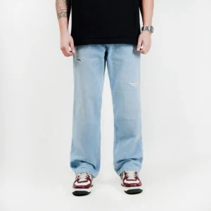 IRISH KELLY Basic Baggy Jeans Destroyed-Covered Long Pants Denim Light Blue